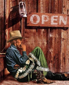 boy playing a violin Painting - contemplating cowboy western original